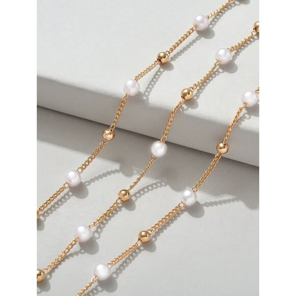 1pc Gold Pearl Layered Bracelet 3 Strand Dainty Adjustable Triple Chain Fashion - Picture 2 of 3